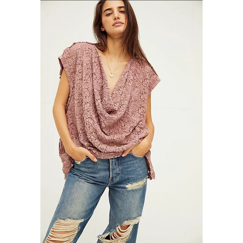 FREE PEOPLE S Sweet Whisper Samantha Floral Lace Muscle Tee Cowl Neck Top VGUC